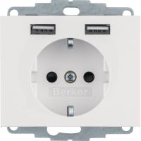 Gniazdo SCHUKO z gniazdem ładowania USB 2,4A, samozaciski, biały połysk, K.1 | 48037009 Hager