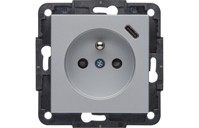 Gniazdo zasilające z uziemieniem z ładowarką USB C 2,4 A / 12W, srebrny, Lumina  | WL4802 Hager