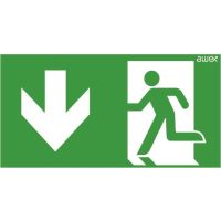 Piktogram 100x200, 26 strzałka dół chłopek w drzwiach logo awex (ISO7010) | PN26 Awex