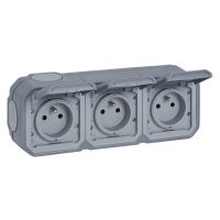 Gniazdo potrójne z/u 3x2P+Z 16A 250V IP55 poziome, komplet n/t, szary, Nowe Plexo | 069763L Legrand