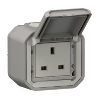 Gniazdo pojedyncze standard brytyjski n/t 2P zaciski śrubowe 13A 250V IP55 szary, Nowe Plexo | 069732L Legrand