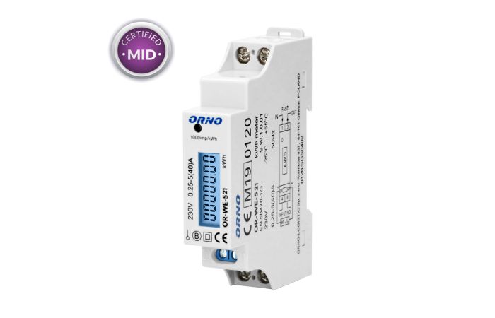 Licznik energii elektrycznej 1-fazowy, 40A, MID, wyjście impulsowe, podświetlenie, 1 moduł, DIN TH-3