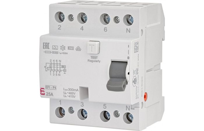 Wyłącznik różnicowoprądowy 4P 25A 30mA typ A 6kA, EFI6-P4 A 25/0.03 | 002061661 Eti