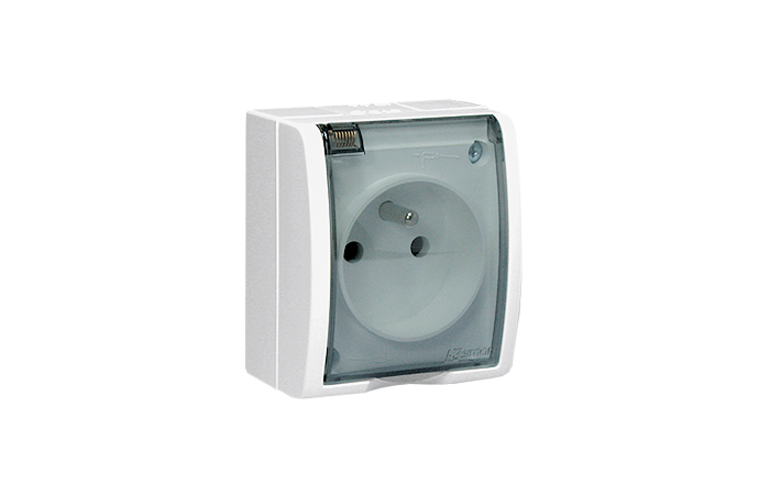 Gniazdo hermetyczne natynkowe wtyczkowe z uziemieniem IP54, klapka transparentna, 16A 250V, zaciski śrubowe, biały, Simon Aquarius | AQGZ1/11A Kontakt Simon