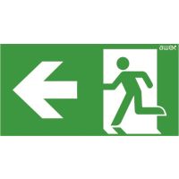 Piktogram 150x300 24 strzałka lewo chłopek w drzwiach, logo Awex (ISO7010) | PD24 Awex
