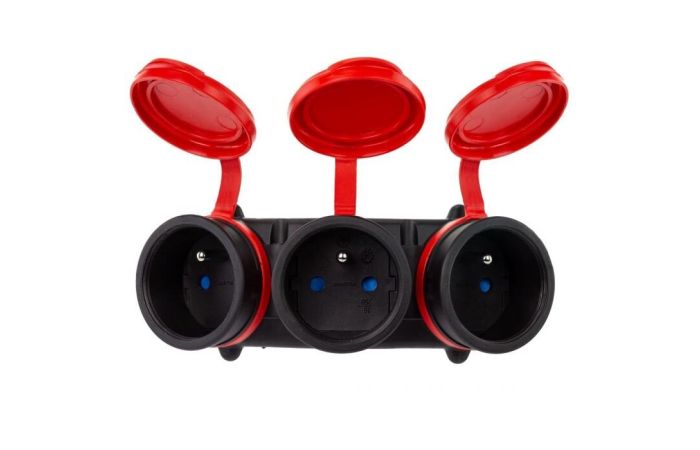 Rozgałęźnik trzykrotny z klapką hermet. 3x2p+Z IP54 EXTREM, rozbieralne, czarno-czerwony R-X3/54 | W-01152 Plastrol