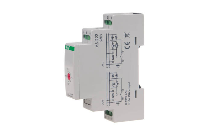 Automat schodowy AS-223 230V/16A, z funkcją przeciwblokady, montaż na szynie DIN | AS-223 F&F