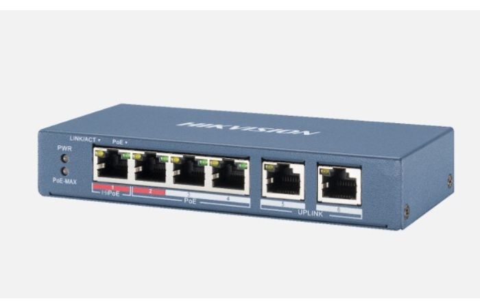 Switch DS-3E0106HP-E, max PoE 60W, 6 port, 4 x 10/100M PoE, 2x 10/100M LAN, , 4 x PoE+2 Uplink | 301801345 Hikvision Poland