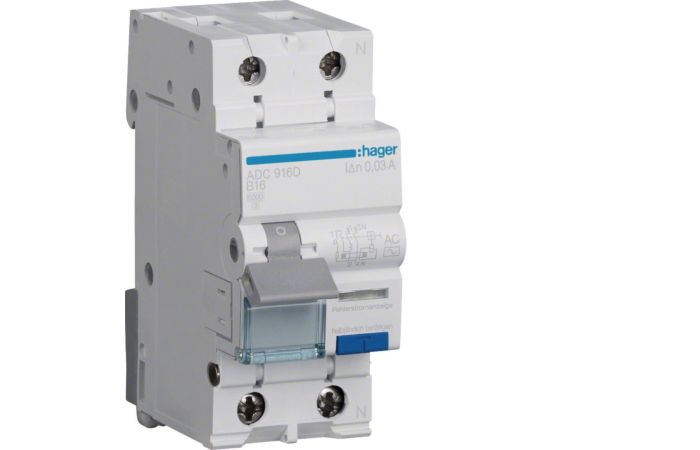 Wyłącznik r&oacute;żnicowoprądowy z członem nadprądowym 2P B 16A 30mA typ AC, RCBO | ADC916D Hager