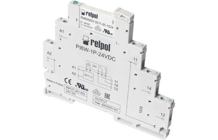Przekaźnik interfejsowy PIR6W-1P-24VDC, 6A, 1P, LED zielony, 24VDC, IP20, szary | 856063 Relpol