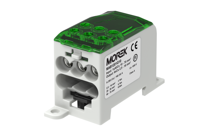 Blok rozdzielczy OJL200A zielony, IN 1xAl/Cu70, OUT 6xCu 16mm2, MAB1201G10 | MAB1201G10 Morek