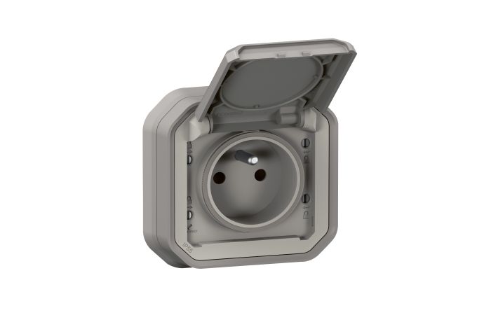 Gniazdo pojedyncze z/u 2P+Z 16A 250V IP55 z klapką, zaciski automat., komplet p/t, szare, Nowe Plexo | 069831L Legrand