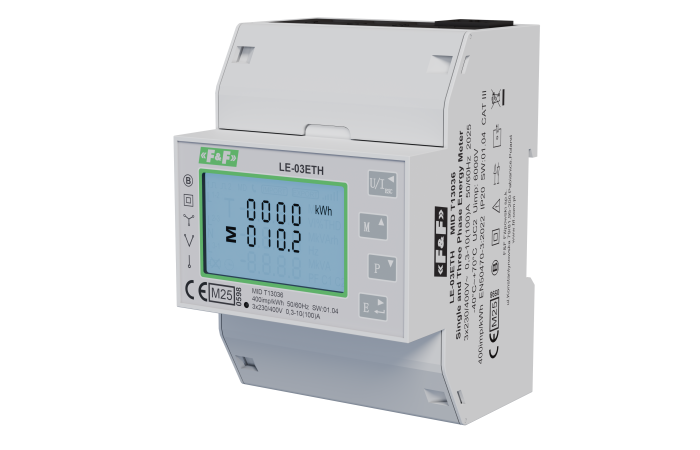 Licznik energii elektrycznej 3-fazowy, 100A, MID, komunikacja Modbus TCP | LE-03ETH F&F
