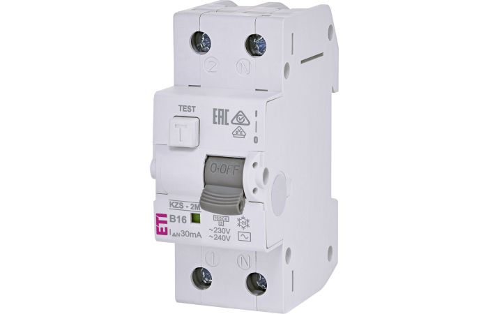 Wyłącznik r&oacute;żnicowoprądowy z członem nadprądowym 2P B 16A 30mA typ AC, KZS-2M | 002173104 Eti