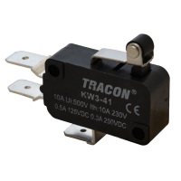 Wyłącznik krańcowy,mikro,z dźwignią i rolką 1×CO 10A/230VAC,0,3A/250VDC,15mm,6,3x0,8 mm,IP00(1szt) | KW3-41 Tracon