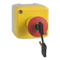 Kaseta żóła 1 przycisk zatrzymania awar grzybkowy czerwony Fi-40mm odrygl kluczem 2NC, Harmony XAL $ | XALK184F Schneider Electric